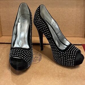 Size 7.5 black studded velour open toe heels